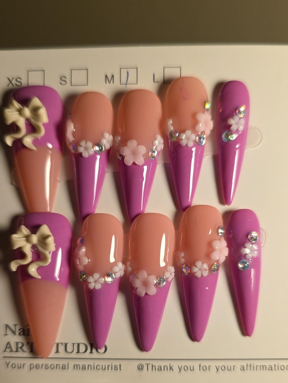 Handcrafted Purple & Nude Floral Stiletto Press-On Nails Size Med